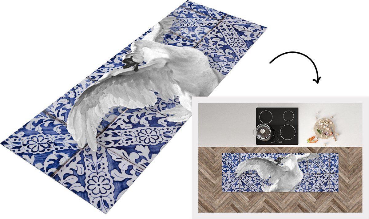 KitchenYeah Keukenloper - Loper keuken - Delfts Blauw - Zwaan - Kunst - 150x50 cm - Keukenloper vinyl Multicolor