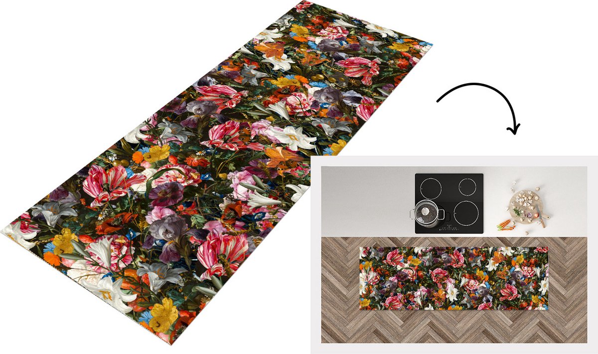 KitchenYeah Keukenloper - Loper keuken - Bloemen - Vlinder - Patroon - 150x50 cm - Keukenloper vinyl Multicolor