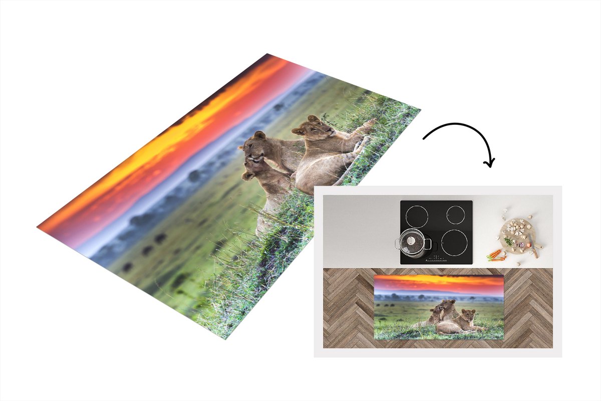 KitchenYeah Keukenloper - Loper keuken - Leeuwen tijdens zonsopkomst - 120x60 cm - Keukenloper vinyl Multicolor