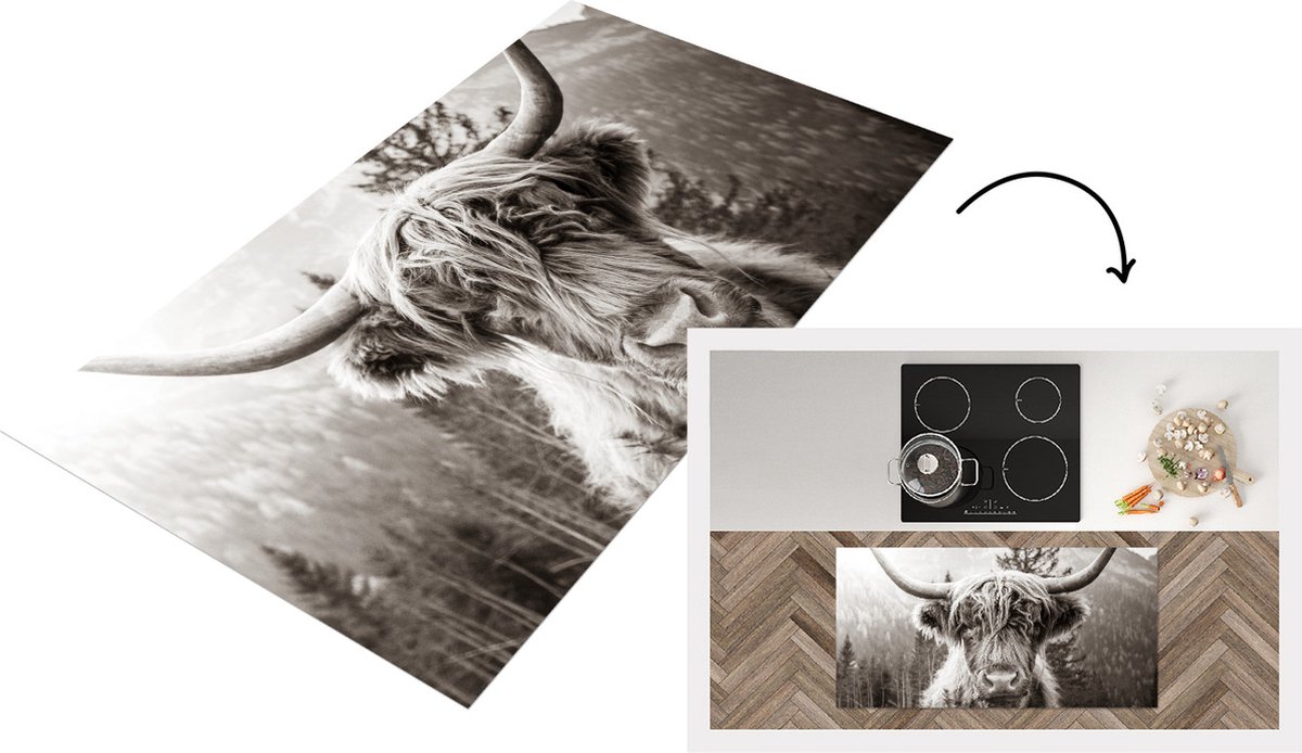 KitchenYeah Keukenloper - Loper keuken - Koe - Schotse Hooglander - Zwart - Wit - 120x60 cm - Keukenloper vinyl Multicolor