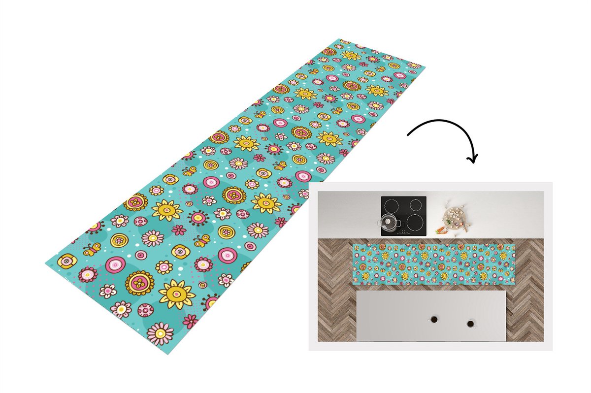 KitchenYeah Keukenloper - Loper keuken - Bloemen - Vlinders - Patronen - 240x60 cm - Keukenloper vinyl Multicolor