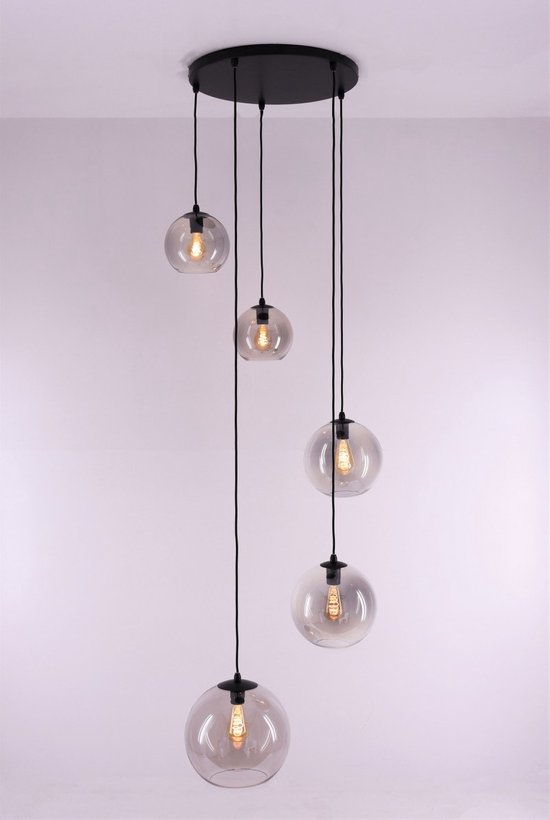 Videlamp Hanglamp EEF Grey getint glas  - 340cm - bollen 5xE27 - grijs glas - ø60cm