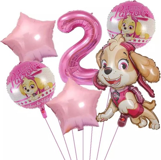 Pow Patrol Folie Ballonnen - set van 6 folieballonnen - Skye - 2 jaar - Kinderfeest - Versiering  - Helium ballon