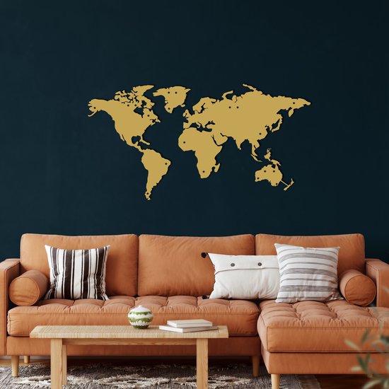 Wanddecoratie |Wereldkaart / World Map decor | Metal - Wall Art | Muurdecoratie | Woonkamer |Gouden| 101x53cm