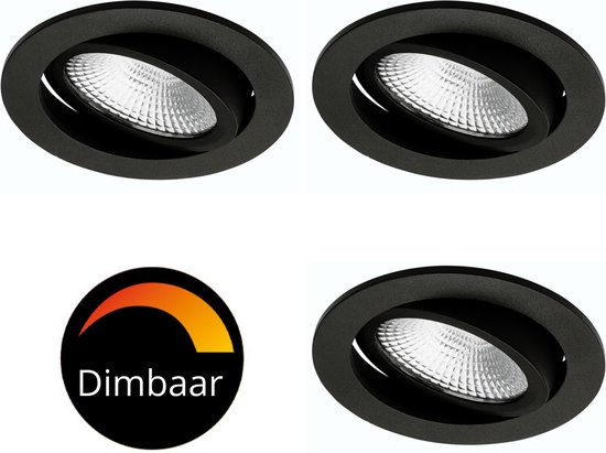 Proventa DimToWarm LED Inbouwspots zwart voor badkamer - Dimbaar & Kantelbaar - 3 Plafond spots