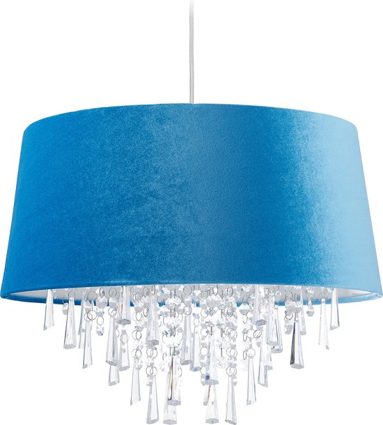 Relaxdays hanglamp met kristallen - fluwelen lampenkap - plafondlamp - diverse kleuren - blauw