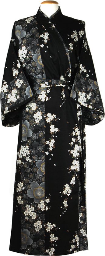 DongDong - Kimono Japonais Original - Katoen - Motif Fleur de Cerisier - Zwart - L/XL