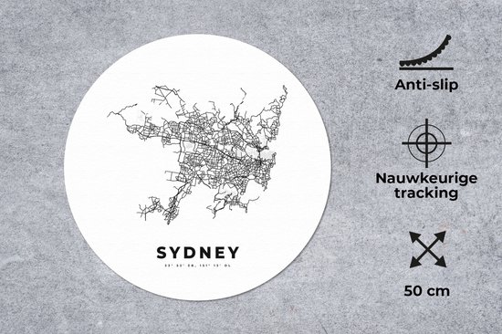 Muismat rond 50x50 cm - Mousepad Australië - Plattegrond - Vintage - Zwart Wit - Ronde muismatten - Stadskaart