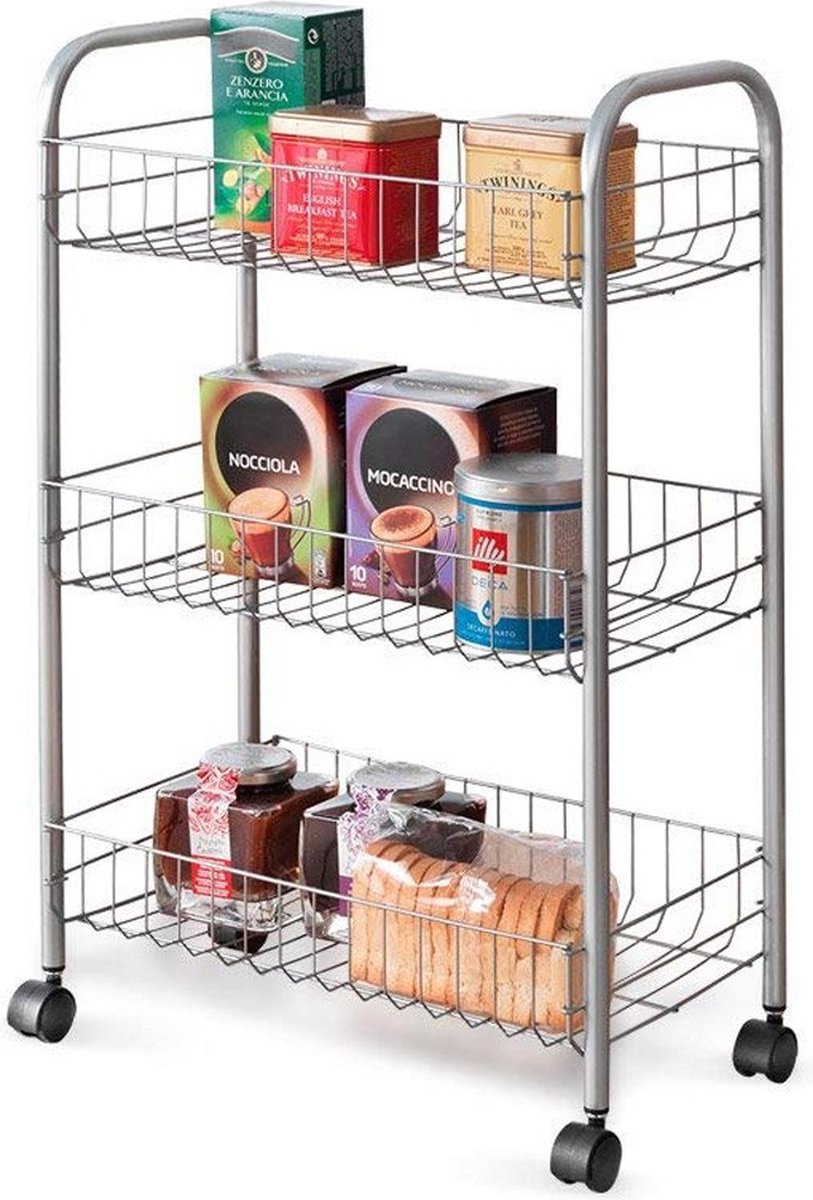 Metaltex - Multifunctionele trolley Lugano - Zilvergrijs - Op wielen - 5 jaar garantie - 3 manden