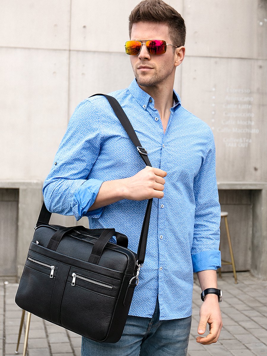 Laptop tas 17 inch heren leren laptoptas schoudertas aktetas bruin echt rundleer waterbestendig - Afbeelding 5