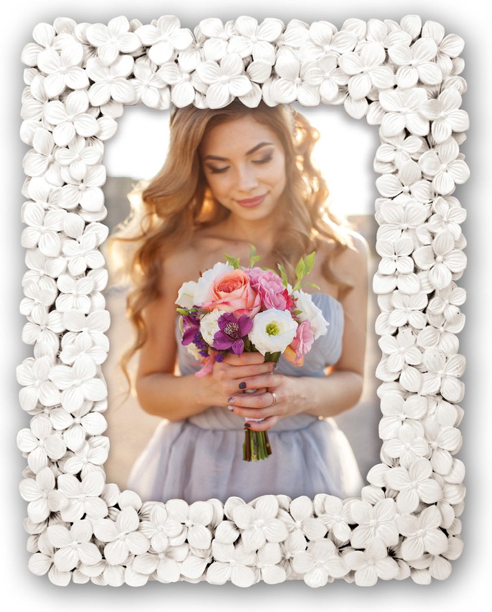 Zep Fotolijstje - witte bloemen - voor foto van 13 x 18 cm - bruiloft / huwelijk fotolijstje