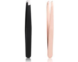 foto van - Duo pack - 2 Stuks Epileer pincet - Tweezer Epileer pincet Zwart & Rosé goud - Hoge kwaliteit - wenkbrauw -