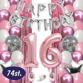 Sweet 16 XXL Feestpakket – Sweet Sixteen Versiering – 16 Jaar Verjaardag Decoratie – Happy Birthday Helium Ballonnen – Folieballonnen & Foliegordijn Set – Happy Birthday Letterballonnen – Ros