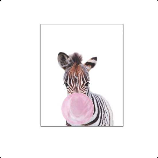 Schilderij  Jungle zebra met roze kauwgom - Jungle dieren / Kauwgombel / 40x30cm