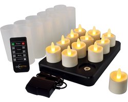 Oplaadbare Waxinelichtjes – 12 Stuks – 175 Uur Brandduur – Met Afstandsbediening – Waterdicht – Horeca – Kaarsvet Look