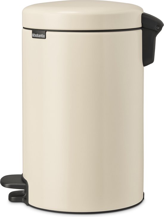 Crème Brabantia NewIcon pedaalemmer met zwart logo en aan de zijkant een handvat.