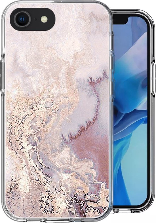 Coque de téléphone avec imprimé marbre dans des tons rose, blanc et or, sur un iPhone.