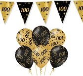 Leeftijd verjaardag feestartikelen pakket vlaggetjes/ballonnen 100 jaar zwart/goud - 12x ballonnen/2x vlaggenlijnen