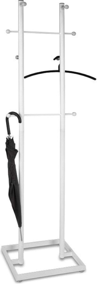 Kapstok – Staande garderobe van hoogglans wit staal – 8 houten bollen en 2 tussenstangen – 46x35x179 cm – Elegant en stabiel