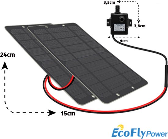 EcoFLy- SolarPomp -Zonnepaneel waterpomp - Vijverpomp-waterpomp op zonne-energie  –  aquariumpomp - 2 Zonnepanelen-12V – 5W