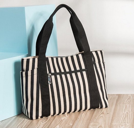 CHEREEKI Canvas Tote Bag, Ladies Shoulder Bag with Pockets and Zipper, Large Carrying Bag for Work, Shopping, School, Multicolor Stripes