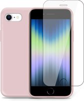 Geschikt voor iPhone SE 2022 Hoesje + Screenprotector – Gehard Glas Cover - Suède Case Rose