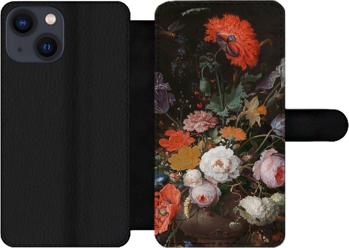 Telefoonhoesje Geschikt voor iPhone 13 Mini telefoonhoesje - Stilleven met bloemen en een horloge - Schilderij van Abraham Mignon - Met vakjes - Wallet case met magneetsluiting