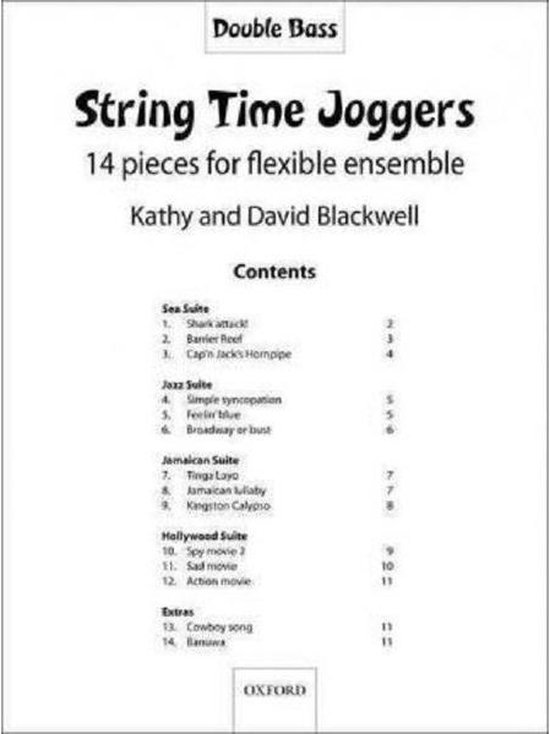 Couverture du livre 'String Time Joggers Double Bass' avec une liste de 14 pièces pour ensemble flexible, par Kathy et David Blackwell.