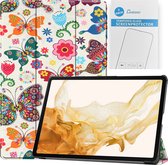 Tablet hoes & 2-Pack Screenprotector geschikt voor Samsung Galaxy Tab S8 Plus - 12.4 Inch - Auto Wake/Sleep functie - Vlinders