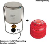 Gaslamp - compleet met gasfles 230gram - ophangbeugel - 7/16"EU aansluiting - kampeergaslamp - SCHOTT Suprax  - Zonder piezo ontsteking - lampverwarming - noodpakket product