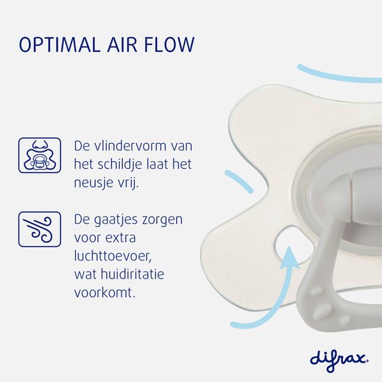 Difrax fopspeen met vlindervormig schild dat de neus vrijlaat. Gaatjes voor extra luchttoevoer, voorkomt huidirritatie.