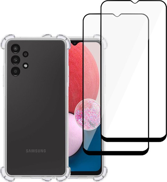 Hoesje geschikt voor Samsung A13 4G + 2x Screenprotector – Full Screen Tempered Glass - Extreme Shock Case Transparant