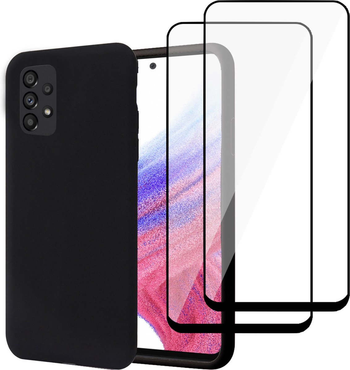Hoesje geschikt voor Samsung A53 5G + 2x Screenprotector – Full Screen Tempered Glass - Liquid Back Case Cover Zwart