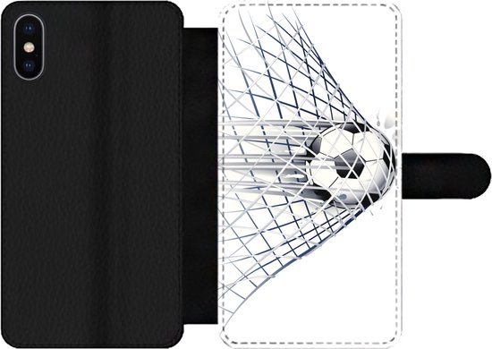 Bookcase Geschikt voor iPhone X telefoonhoesje - Een illustratie van een voetbal die het doel in gaat - Jongetjes - Meisjes - Kids - Met vakjes - Wallet case met magneetsluiting