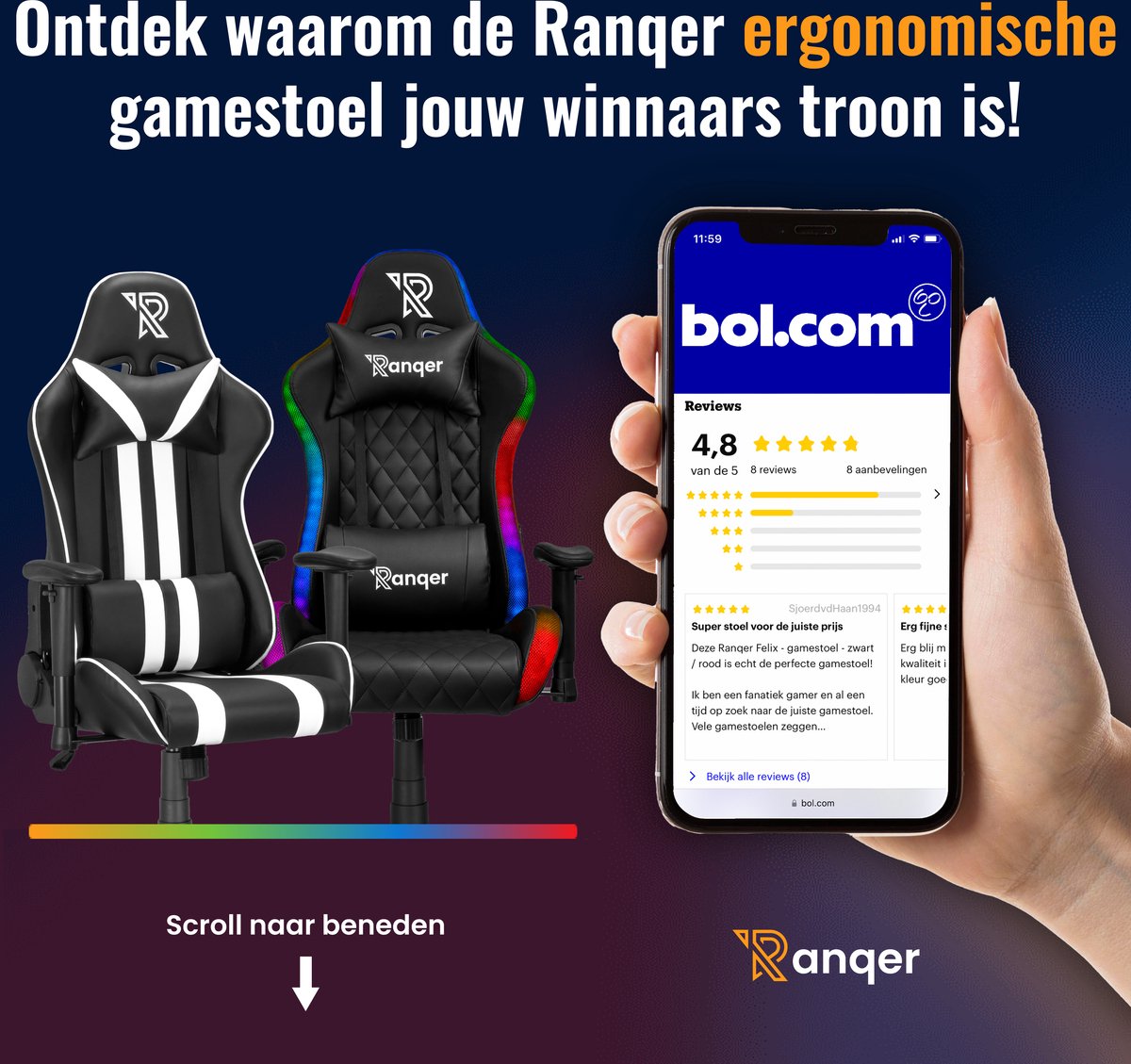 Ranqer Halo - Chaise gaming blanche avec LED RGB, chaise gamer ergonomique  blanche