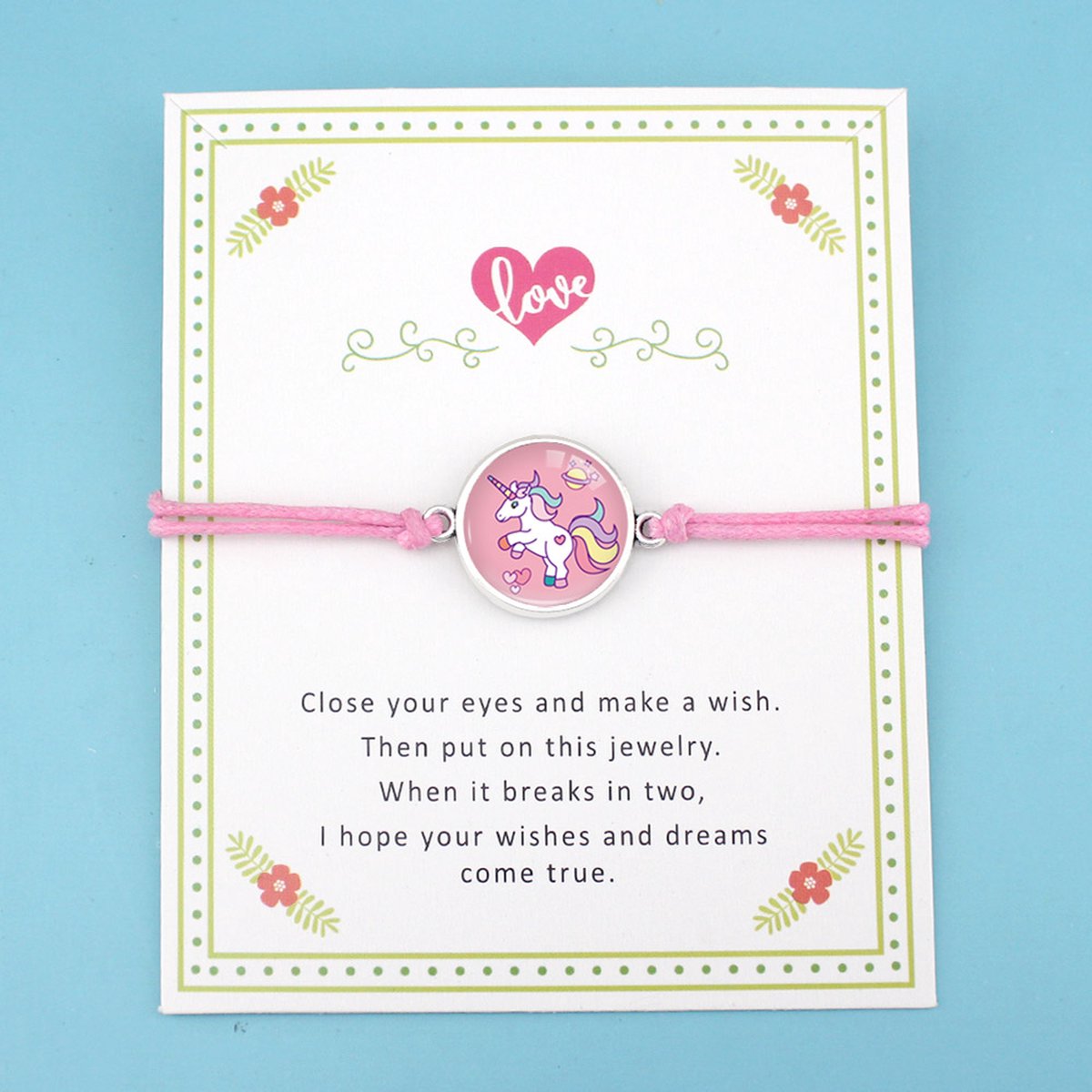 Manks Kids Collections ® Roze Armband, Love armband - vriendinnen armband - cadeau voor een vriendin - Zilverig armband met een Roze Eenhoorn - Armband 30 cm