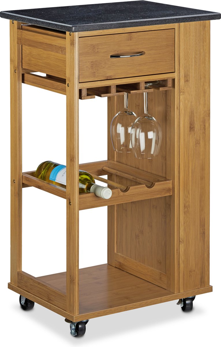 Relaxdays serveerwagen bamboe & marmer, keukentrolley, butler trolley, bediening