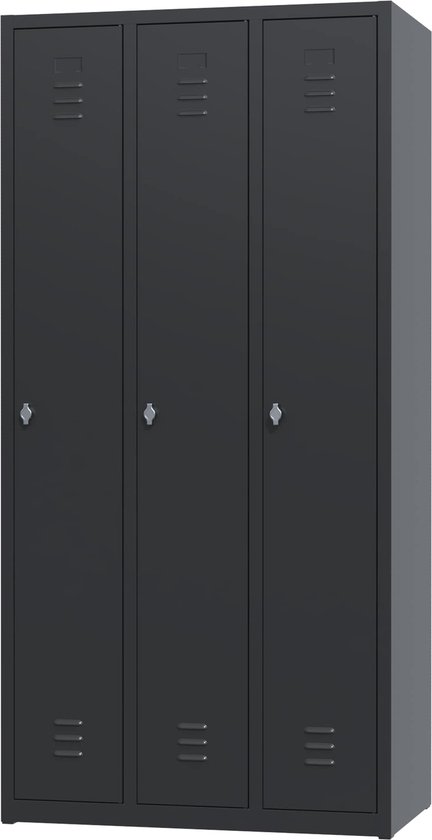Metalen lockerkast zwart - 3 deurs 3 delig - met slot - 180x88,5x50 cm - voordeel lijn - PLP-104