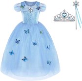 Assepoester - Cinderella - Prinsessenjurk Vlinders - maat 134/140 + Toverstaf Lint + Kroon - blauw - Verkleedjurk