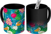 Magische Mok - Foto op Warmte Mokken - Koffiemok - Patroon - Jungle - Flamingo - Pelikaan - Magic Mok - Beker - 350 ML - Theemok