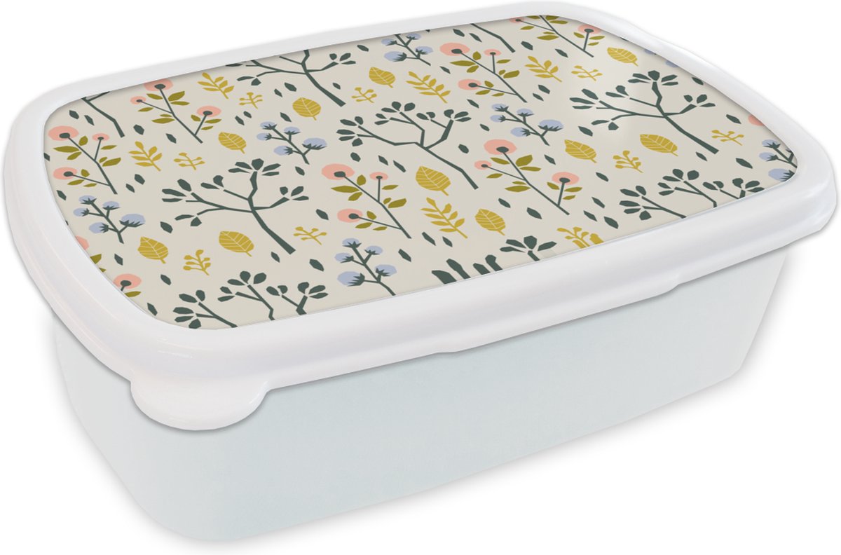 Broodtrommel Wit - Lunchbox - Brooddoos - Flora - Patroon - Geel - Roze - 18x12x6 cm - Volwassenen