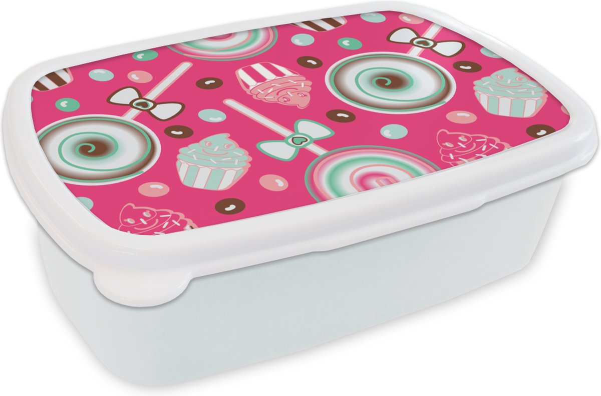 Broodtrommel Wit - Lunchbox - Brooddoos - Design - Snoep - Candy - Roze - 18x12x6 cm - Volwassenen
