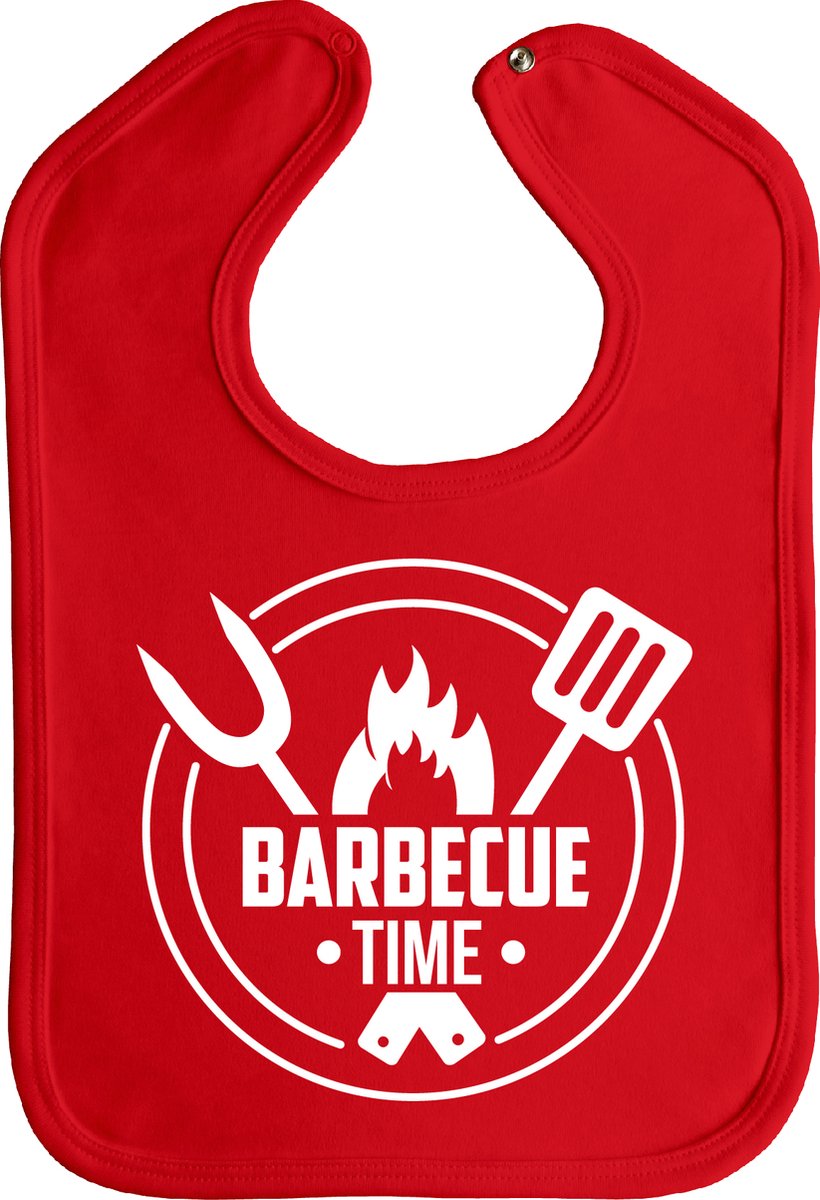 barbecue time - slab - drukknoop - rood - witte opdruk - stuks 1 - barbecue - bbq - slabbetjes - slabber - barbecues - bbq time