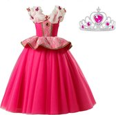 Prinsessen jurk Deluxe verkleedjurk vlinders 116-122 (120) fel roze + kroon verkleedkleding