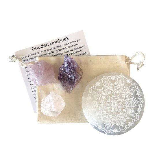 Driehoek' or de Luxe - pierres précieuses - Améthyste - Cristal de roche - Quartz rose avec sous-verre de sélénite