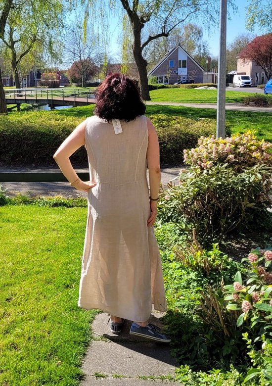 Maxi linnen GROEN jurk mouwloos met zonder bandjes halter knop maat 38 40 bol