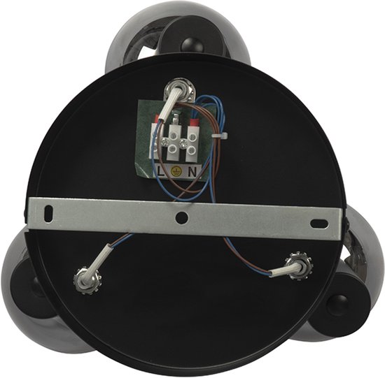 Onderkant van een zwarte plafondlamp met 3 spots en zichtbare bedrading.
