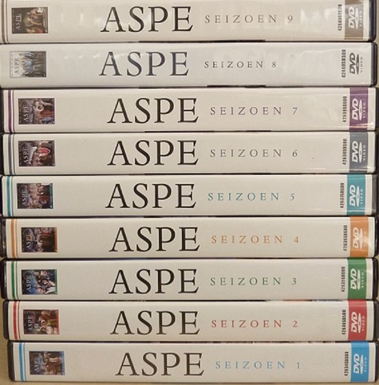 Stapel DVD's van Aspe Seizoen 1 t/m 9, elk met een subtiele afbeelding en de titel.