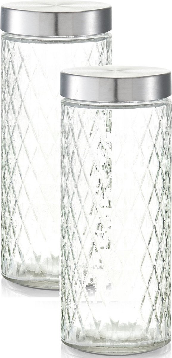 Zeller keuken voorraadpotten / bewaarpotten - 2x - 2000 ml - geruit glas - 11 x 27 cm