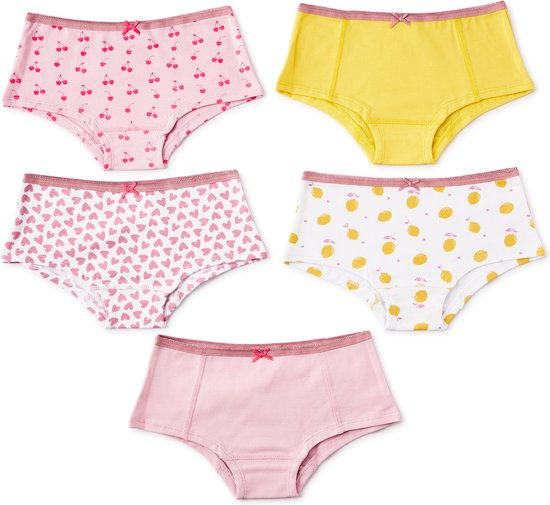 Little Label Ondergoed Meisjes - Onderbroeken Meisjes Maat 110-116 - roze, geel - Zachte BIO Katoen - 5 Stuks - Model hipster - Hartjes